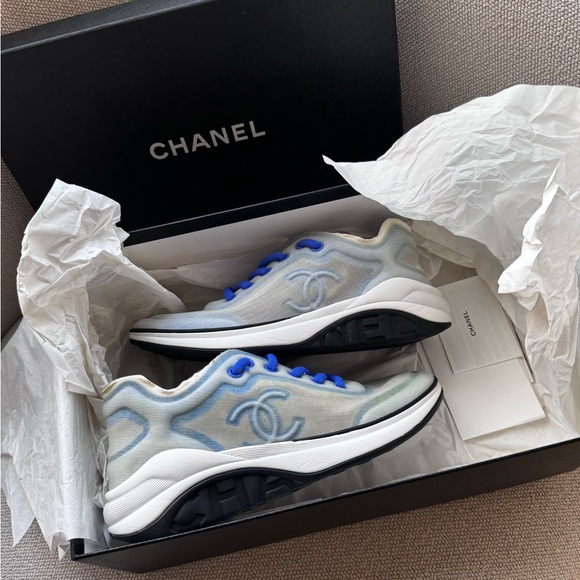 CHANEL Shoes - CHANEL White Blue Mesh Sneakers Lace Up Low Top Logo